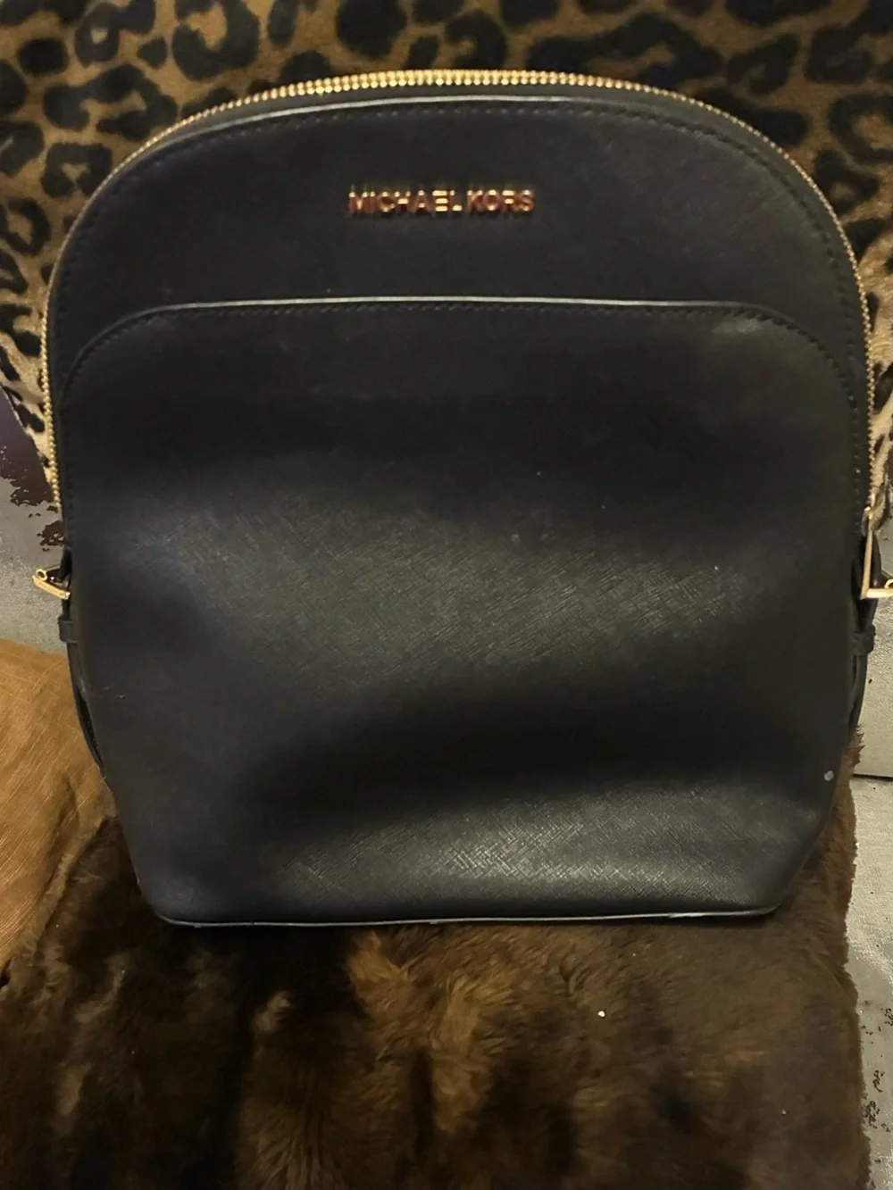 Michael Kors Black Saffiano Leather Dome Backpack with Gold Hardware